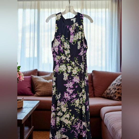 London Times Empire Waist Fit & Flare Midi Dress Size 14 Navy Floral (EUC) - Picture 3 of 14